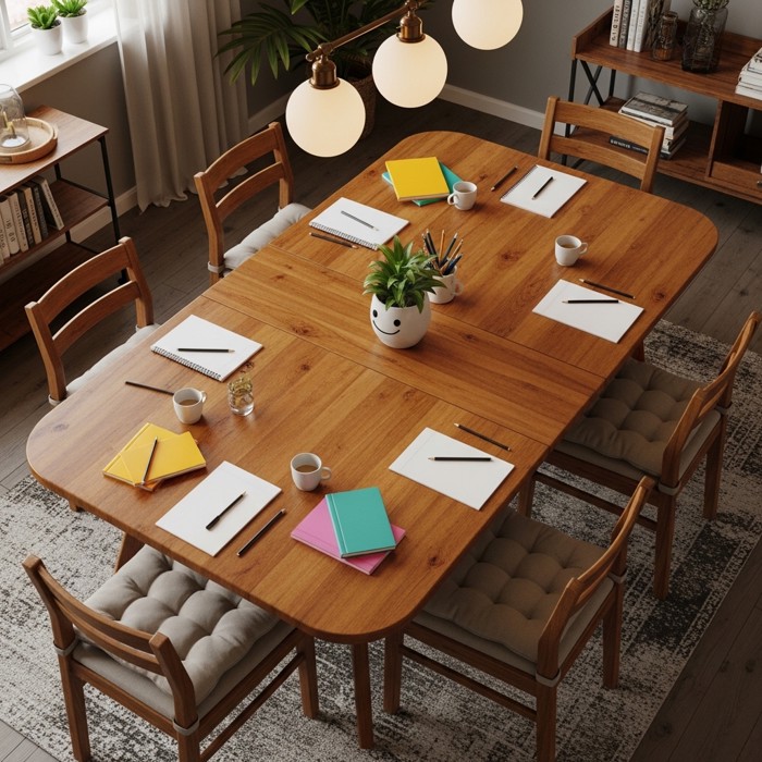 An overhead view of a medium-sized wooden conference table comfortably seating six people with space to spare, neither cramped nor sparse