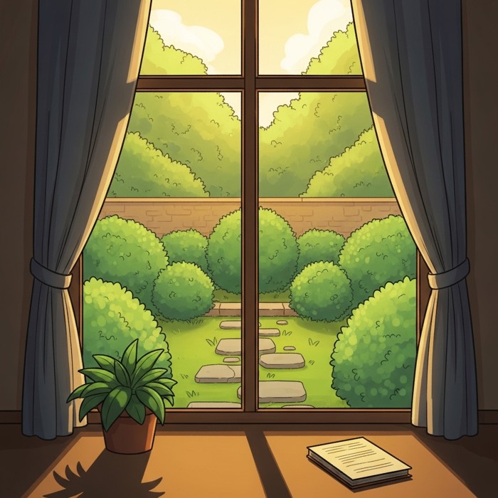 A serene view through a meeting room window of a small green garden with trimmed bushes and a stone path, visible beyond the glass