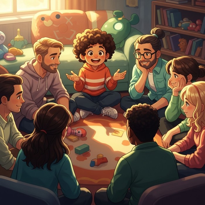A diverse group of teammates seated in a circle, each one taking a turn speaking while the others listen attentively, no one left out of the conversation