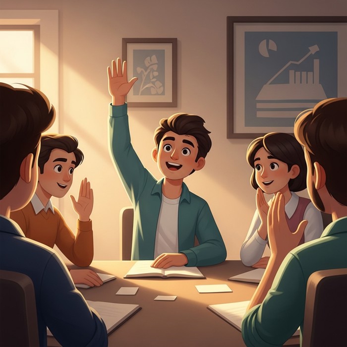 A relaxed team member confidently raising a hand and speaking up mid-meeting, teammates nodding supportively without any sign of criticism or doubt