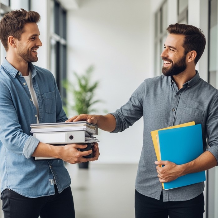 Two coworkers helping each other carry files and smiling warmly, one offering a hand to steady a stack of papers in a friendly office hallway