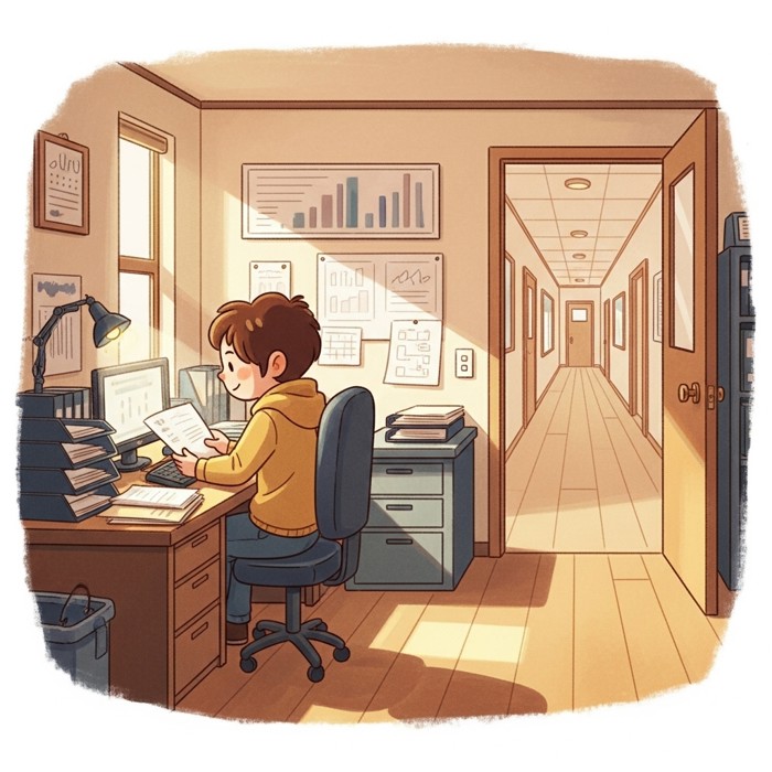 A leader arriving early at an empty office, switching on lights and preparing materials at their desk, an empty hallway beyond them showing they are the first to arrive