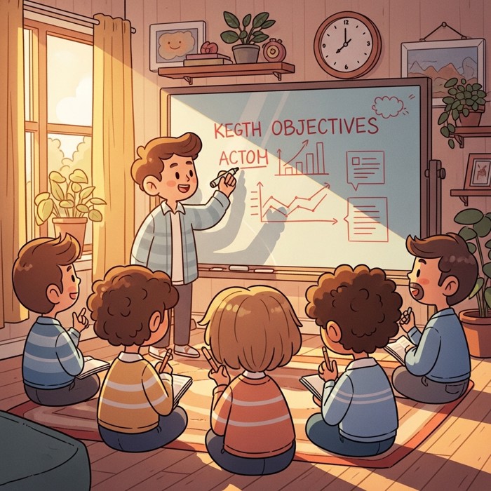 A leader writing key objectives on a glass whiteboard in bold marker, team members seated attentively in front with notebooks, nodding and making eye contact in a sunlit meeting room