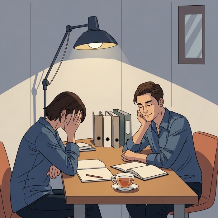 A leader sitting beside a stressed employee at a quiet corner desk, leaning in with a calm expression and an open notebook, a cup of tea on the table between them, soft office light overhead