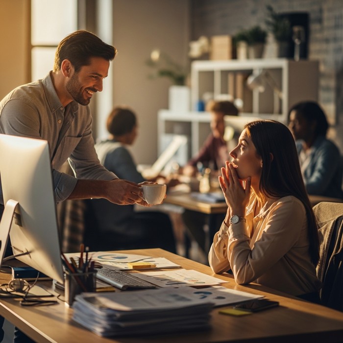A manager handing a cup of coffee to a stressed employee at their desk, offering a warm, reassuring smile in a bright, supportive open-plan office