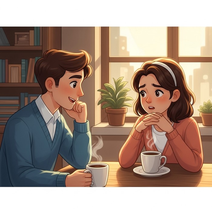 Two coworkers talking supportively over cups of coffee in a bright break room, one listening with a caring expression as the other shares their worries