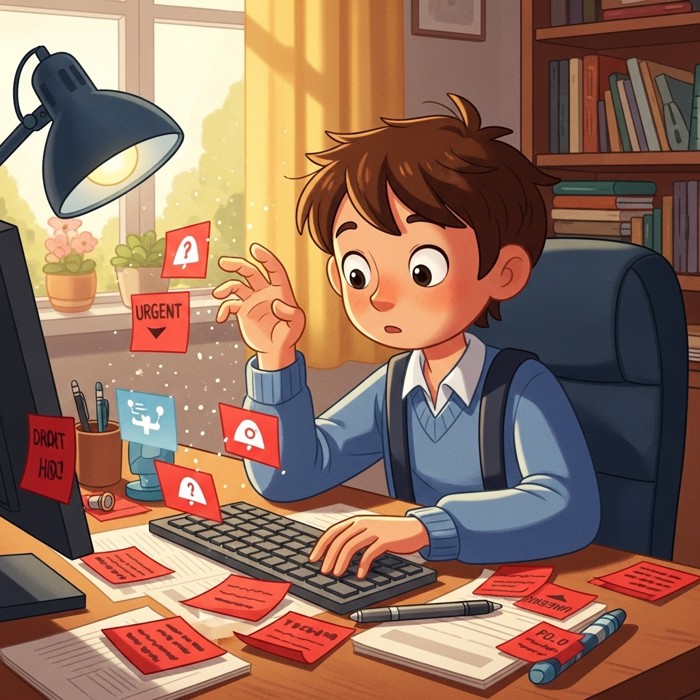 A worker staring blankly at a desk covered in red urgent sticky notes and blinking notification icons, hand frozen above the keyboard, unsure where to begin
