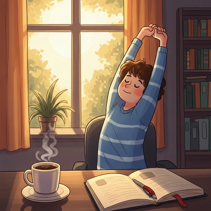 An employee stretching beside a sunny office window, a half-finished coffee and open notebook resting nearby, taking a calm, mindful pause during a busy workday