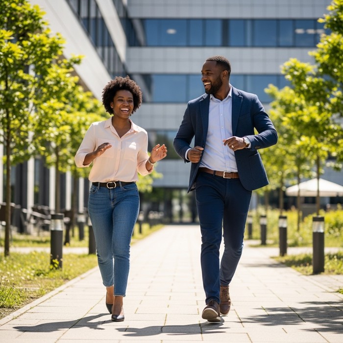 Two colleagues walking briskly on a sunny outdoor path beside their office, laughing and gesturing animatedly during a midday stroll