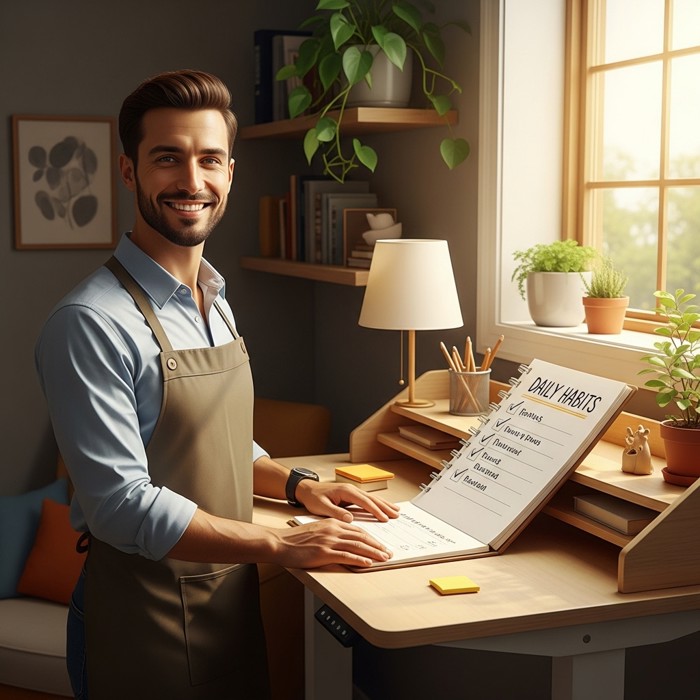 A motivated professional at a standing desk, smiling confidently with a notebook open to a page labeled 'Daily Habits', surrounded by natural light