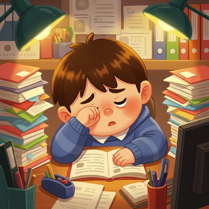 A tired office worker slumped over a cluttered desk, rubbing their eyes under harsh fluorescent lighting with stacks of papers around them