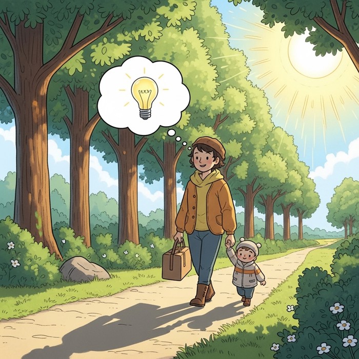 A person walking along a bright tree-lined path, smiling with a lightbulb thought bubble appearing above their head