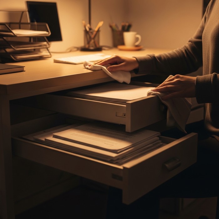 A person tidying their desk at the end of the workday, sliding loose papers into a drawer and wiping the surface clean under warm evening light