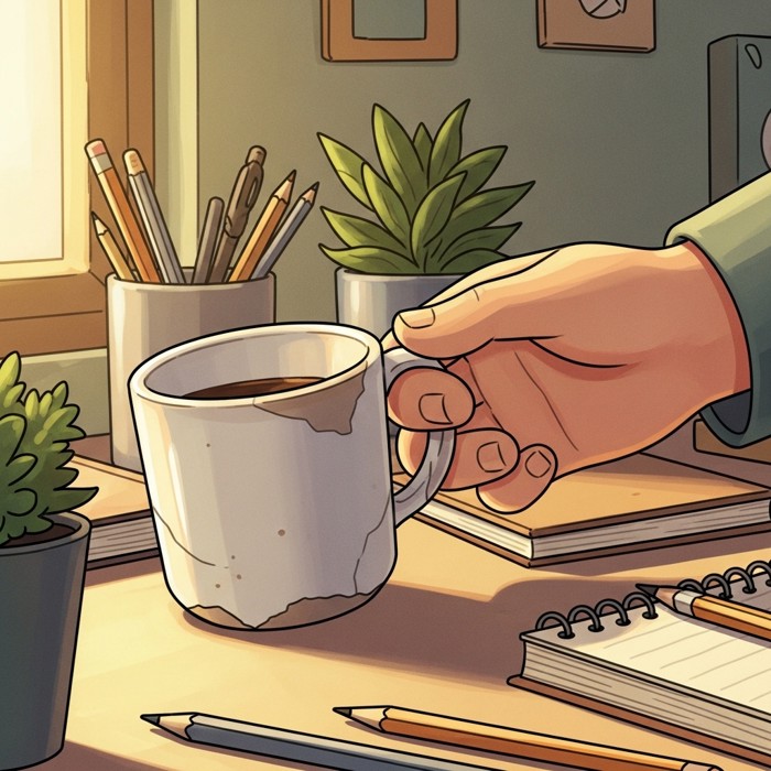 A close-up of a hand lifting a single unnecessary item, like an old coffee mug, off a mostly tidy desk and setting it aside