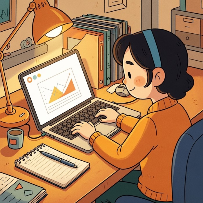 A tidy office desk with a laptop, a notepad, and a single pen neatly aligned, an employee typing with a satisfied, productive expression