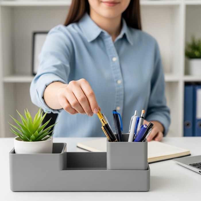 A person quickly grabbing a pen from a neatly organized desk tray without hesitation, a satisfied look on their face as they save valuable time