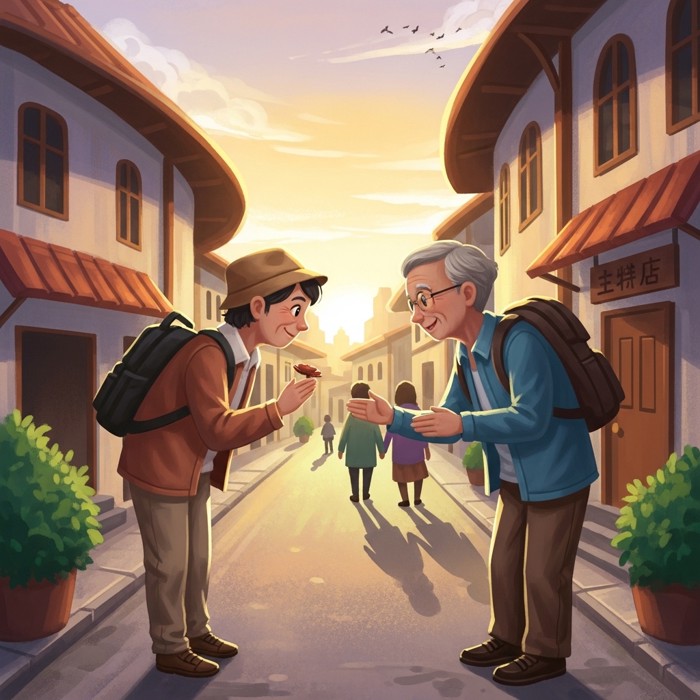 A tourist offering a small polite bow or handshake to a local elder, whose face lights up with warmth and approval, sunset light over the street.
