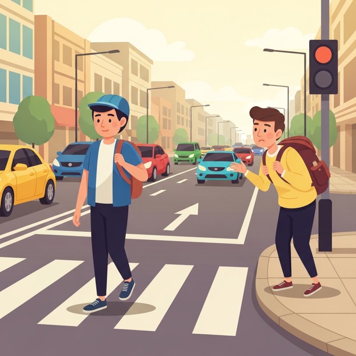 A local calmly crossing at a crosswalk while a hesitant tourist looks left and right several times before stepping off the curb on a busy street.