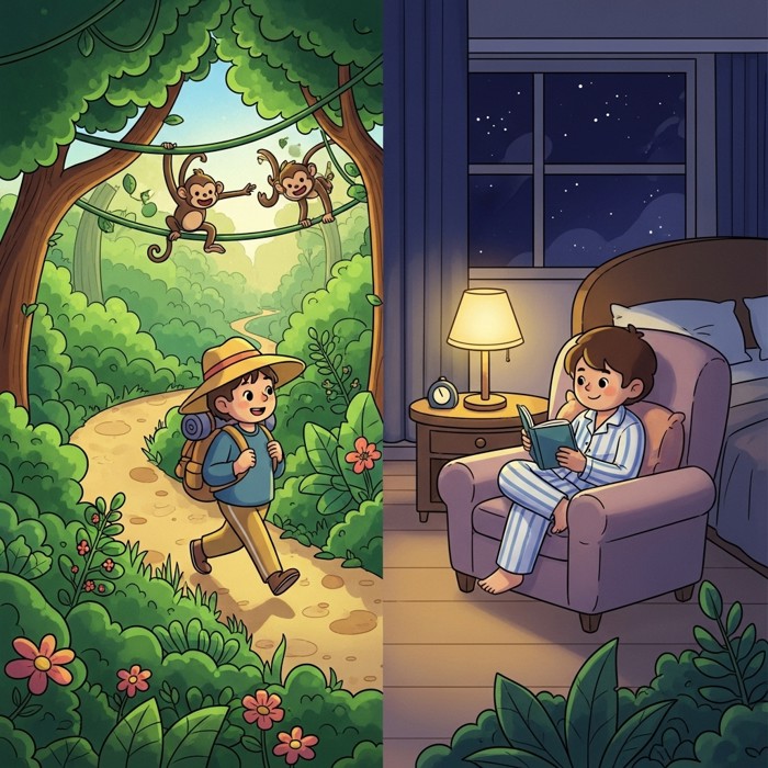 A split day-and-night scene: morning shows a traveler exploring a lush green jungle path, night shows the same traveler relaxing in a comfortable hotel room with soft lamp light.
