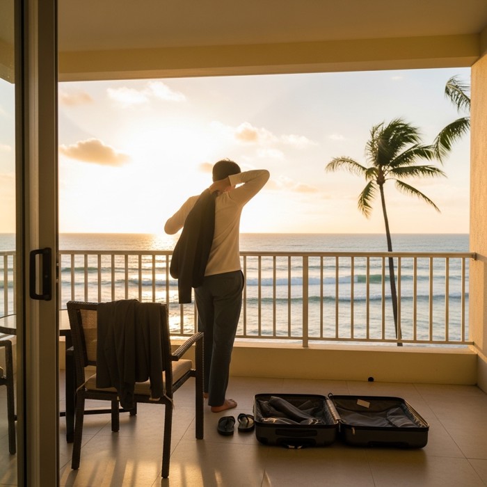 A tired-looking traveler in business clothes changing into relaxed vacation wear, sighing with relief as they step onto a quiet resort balcony overlooking the ocean.