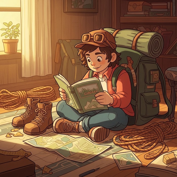 A traveler surrounded by hiking boots, ropes, maps, and a large backpack spread across the floor, studying a guidebook with focused determination.