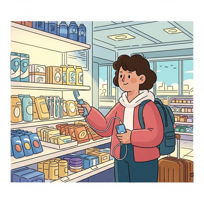 A traveler smiling while buying a toothbrush and a phone charger from a small convenience shop inside an airport terminal.