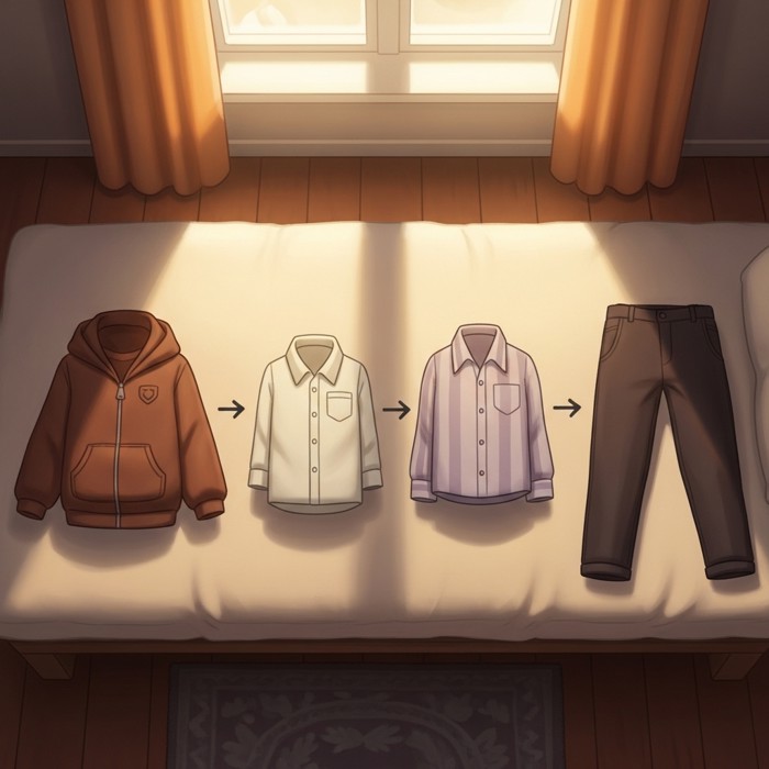A neat row of a few interchangeable clothing items, a jacket, two shirts, and pants, laid out on a bed with arrows showing how they combine into different outfits.