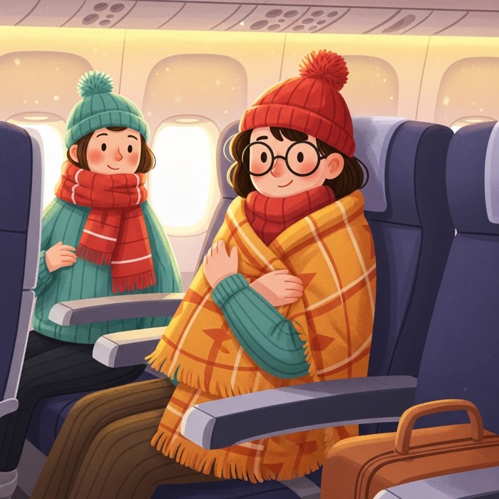 A traveler wrapping a large scarf around their shoulders on a plane like a blanket, the same scarf shown earlier tied stylishly around their neck outdoors.