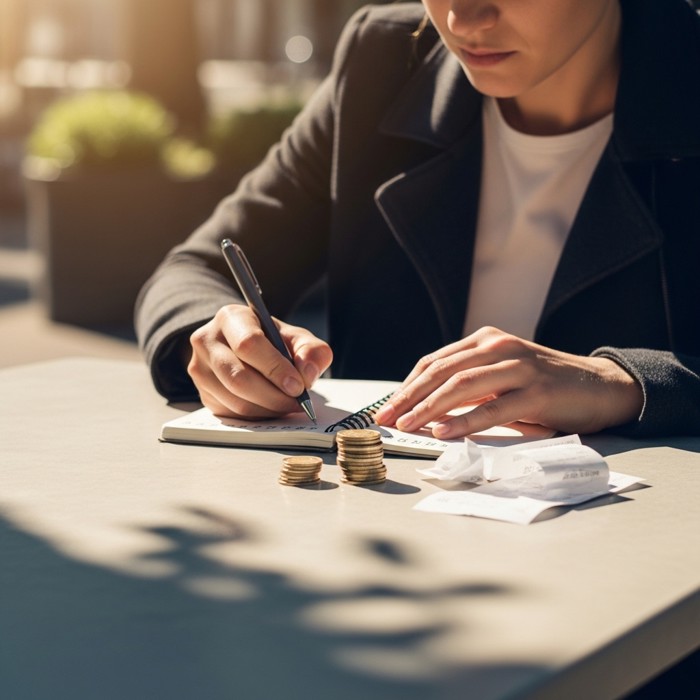 A traveler at a cafe table writing numbers in a small notebook beside a stack of coins and receipts, calm focused mood, sunny outdoor setting.