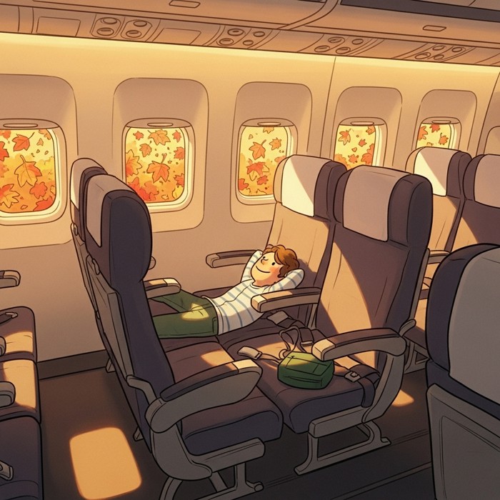 A near-empty airplane cabin with a lone happy traveler stretching out across three seats, autumn leaves visible through the window, relaxed mood.