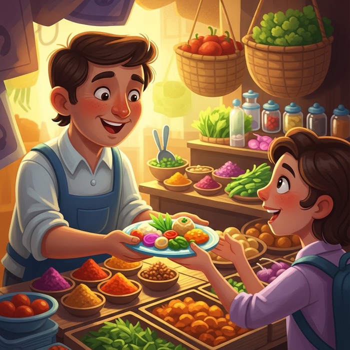 Close-up of a smiling street food vendor handing a plate of local dishes to a delighted tourist, vibrant market stall filled with spices and ingredients.