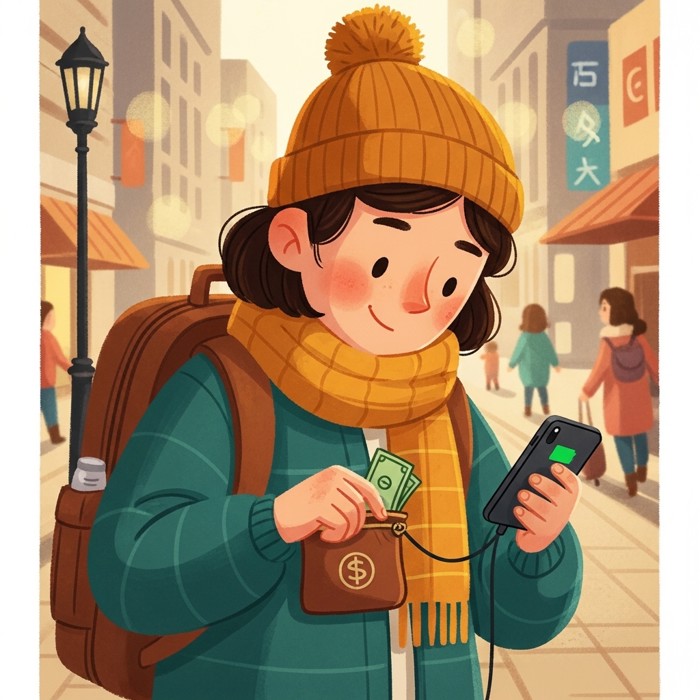A traveler checking a small hidden pouch of cash and a fully charged phone before heading out, calm reassured expression, city street in the background.