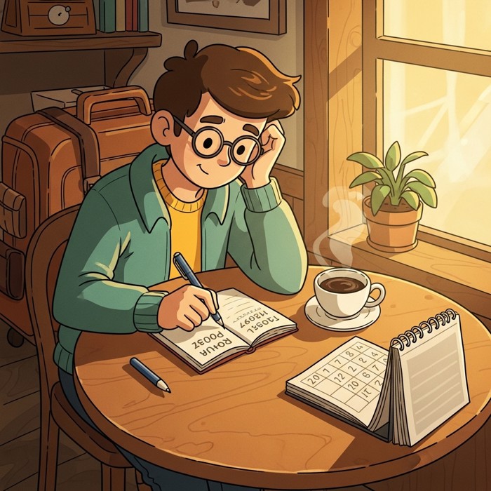 A traveler jotting rough numbers into a small notebook at a café table, relaxed posture, a half-empty calendar page beside a cup of coffee.