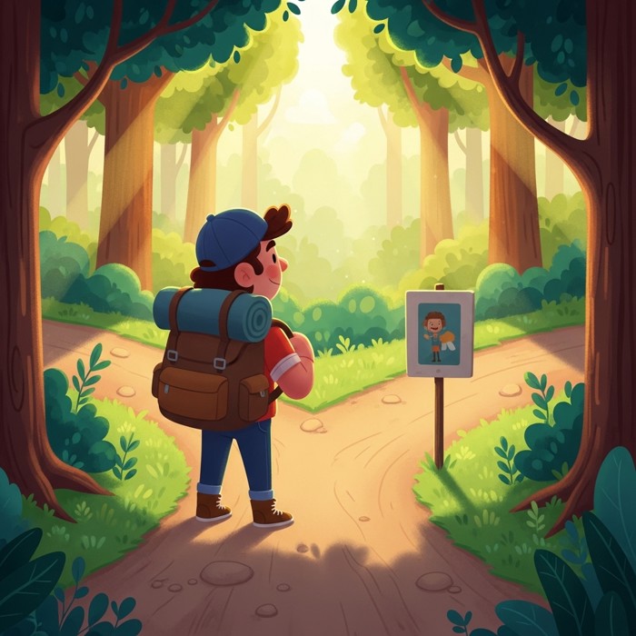 A traveler looking at two diverging dirt paths in a forest, relaxed expression, backpack on shoulders, soft morning light filtering through trees.