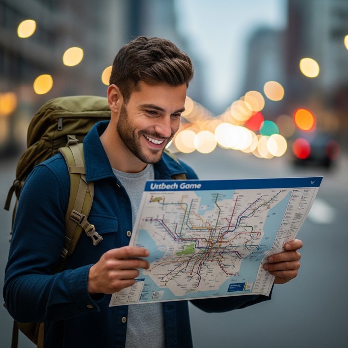 A well-traveled backpacker grinning at a confusing subway map, treating it like a game rather than a problem, city lights blurred behind them.