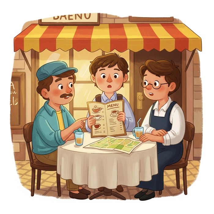 A tourist at a small street cafe, pointing awkwardly at a foreign menu, while a patient waiter smiles and a folded paper map sits on the table.