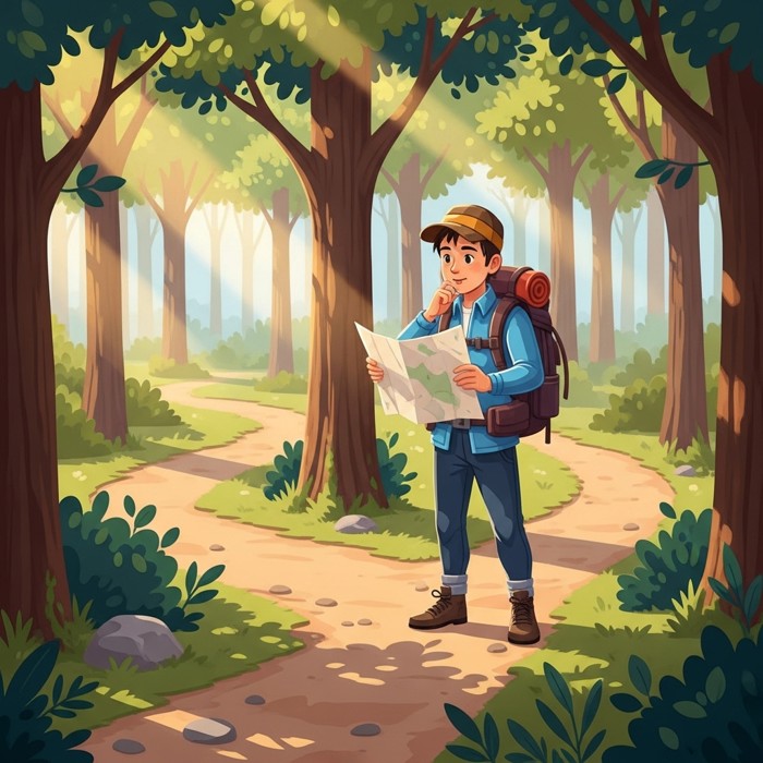 A hiker standing at a fork in a forest trail, looking thoughtfully at a crumpled map, sunlight filtering through the trees, calm rather than panicked.