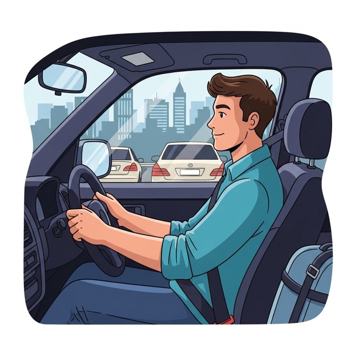 The same traveler now at home, sitting calmly in a car stuck in traffic, relaxed posture, gently tapping the steering wheel, city skyline through the window.