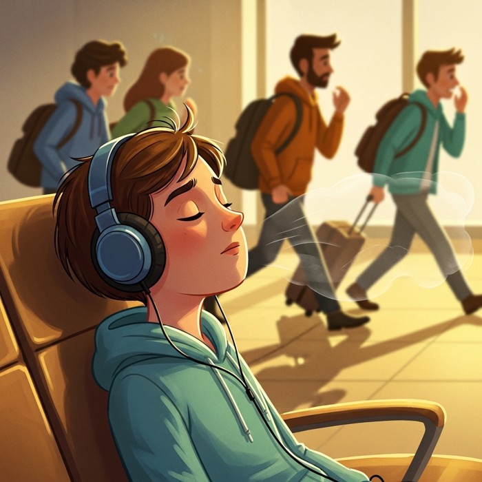 A calm traveler with headphones on, eyes closed and breathing peacefully on an airport bench, while other passengers pace anxiously in the blurred background.