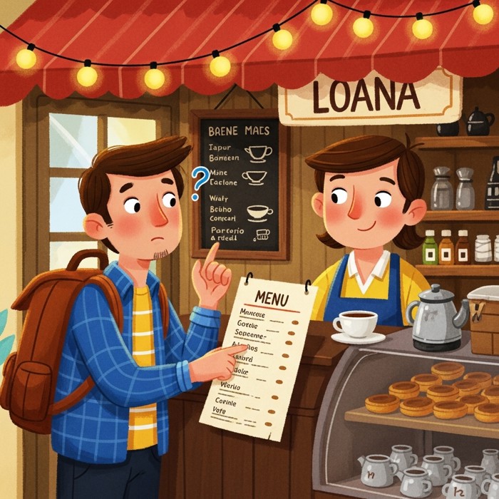 A traveler pointing at a foreign-language menu in a small café, puzzled but friendly expression, a local shopkeeper smiling patiently, warm string lights overhead.