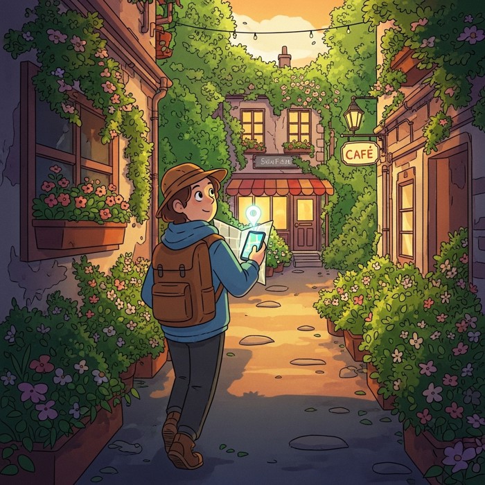 A traveler following a glowing pin on a phone map down a quiet flower-filled alley toward a tiny hidden cafe most tourists walk right past.