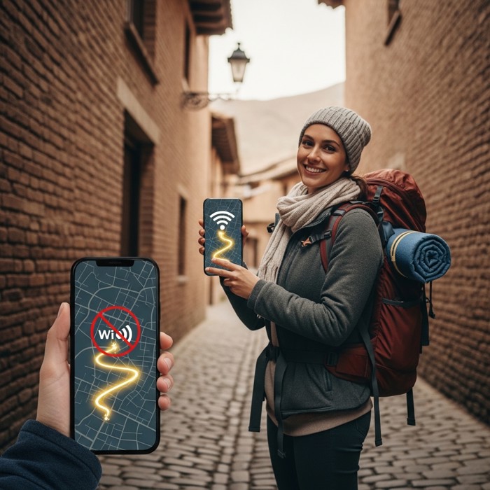 A traveler in a remote cobblestone alley with no Wi-Fi signal icon crossed out, still smiling because their phone map still shows a clear glowing path.