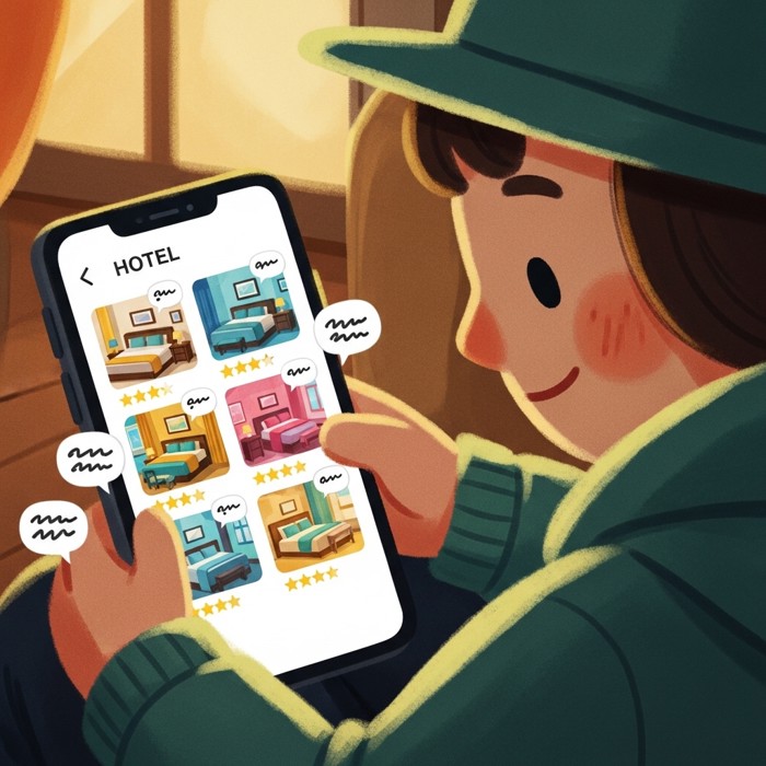 A traveler scrolling through a phone showing a grid of cozy hotel room photos with star ratings and speech-bubble reviews floating beside each one.