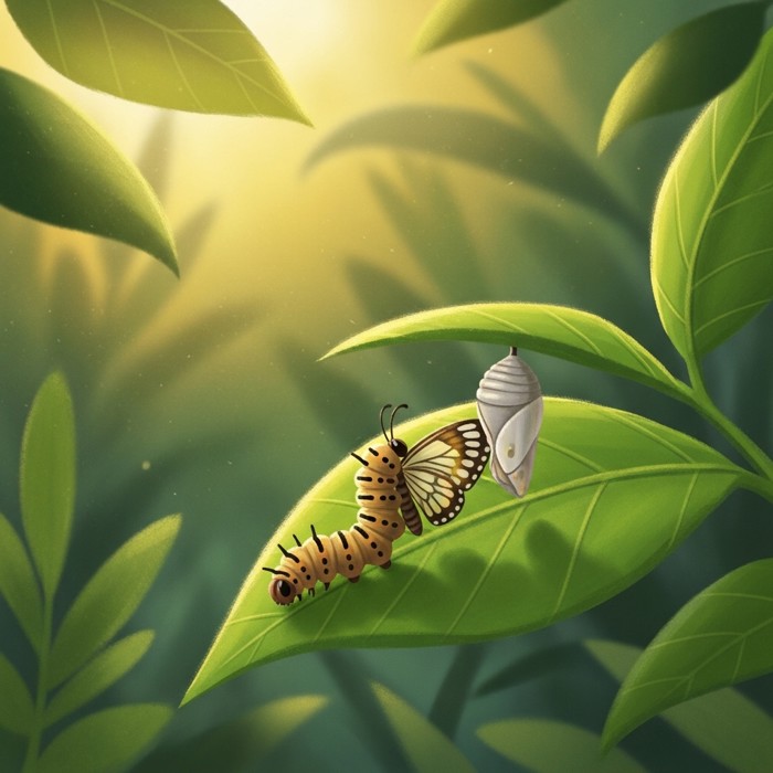 A caterpillar slowly transforming into a butterfly on a green leaf, with no map, suitcase, or road anywhere nearby.