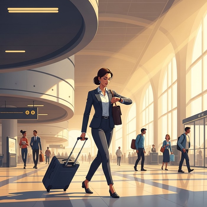 A confident businesswoman in a suit rolling a small carry-on suitcase briskly through a bright airport terminal, checking her watch.