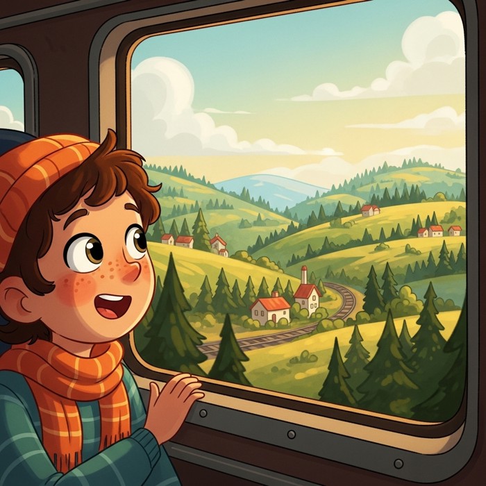 A passenger with wide, delighted eyes looking out a train window at rolling hills, forests, and small towns drifting slowly past.