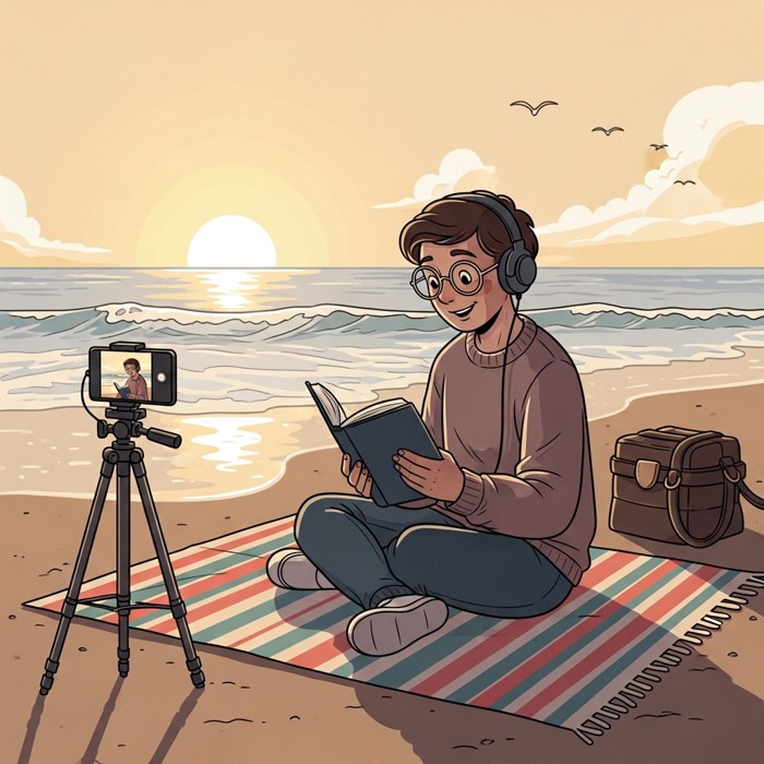A content creator calmly reading a book on a quiet beach at sunset with a phone recording on a tripod nearby, warm golden light, unhurried mood.