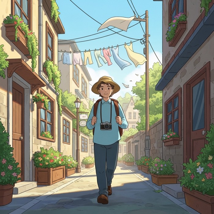 A traveler strolling slowly down a narrow residential street lined with flower boxes and hanging laundry, a camera hanging unused around their neck, gentle afternoon sunlight.