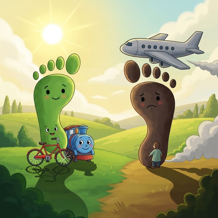 A clean infographic-style illustration comparing a small green footprint icon next to a bicycle and train with a larger smoky dark footprint icon next to an airplane.