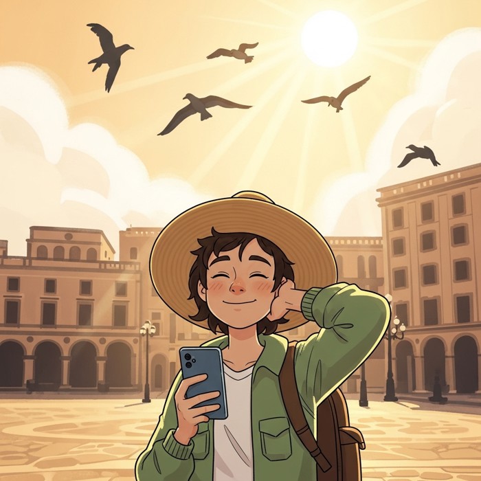 A traveler putting their phone away, closing their eyes and smiling in a sunny plaza, birds flying overhead.